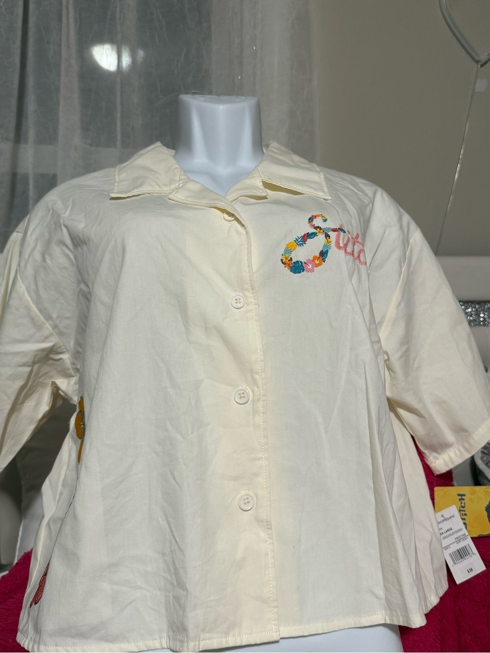 Hybrid Apparel Pristine Cream Short-Sleeve Button Shirt with Blue Stitch Tag